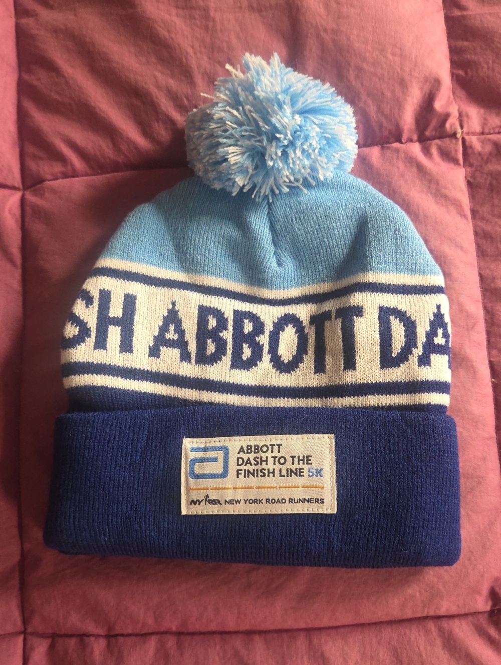 Abbott Dash To The Finish 5k Unisex Knit Pom Beanie White, Light Blue & Navy OS